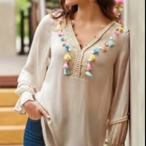 Soft Surroundings Clementine Tassel Tasseled Blouse L